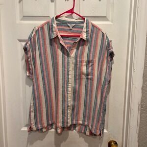Orvis Womens XL Linen Blend Striped Short Sleeve Button Down Shirt Coastal Beach